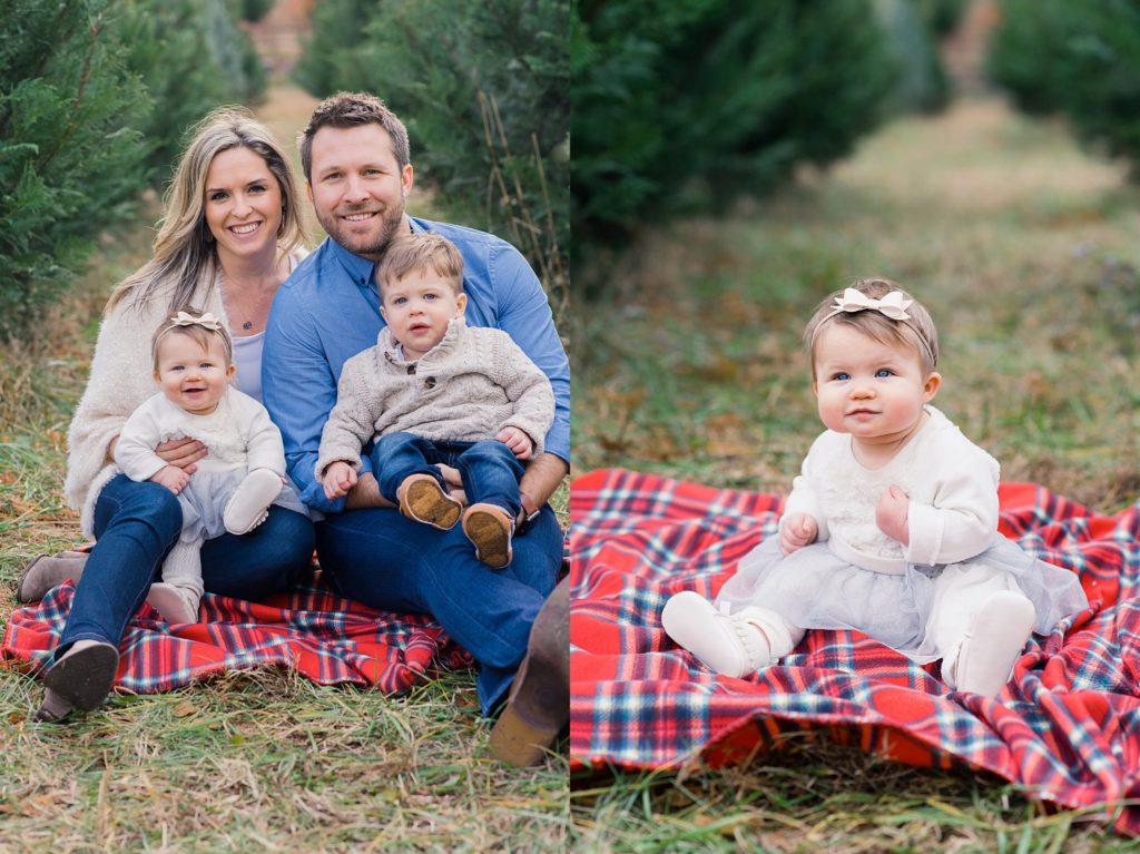 family on red plaid blanket at holiday tree farm