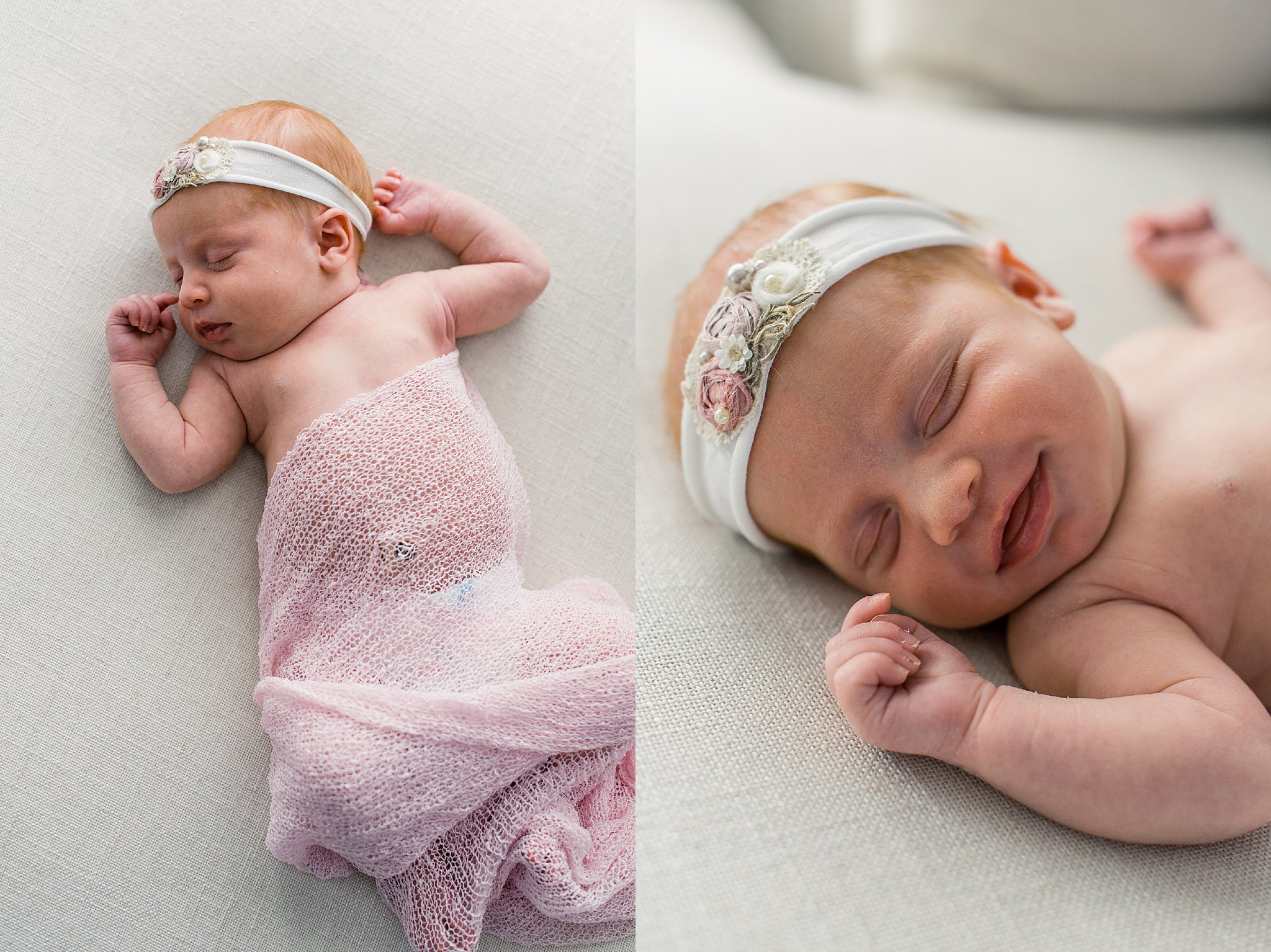 newborn baby girl in pink wrap and white embroidered headband