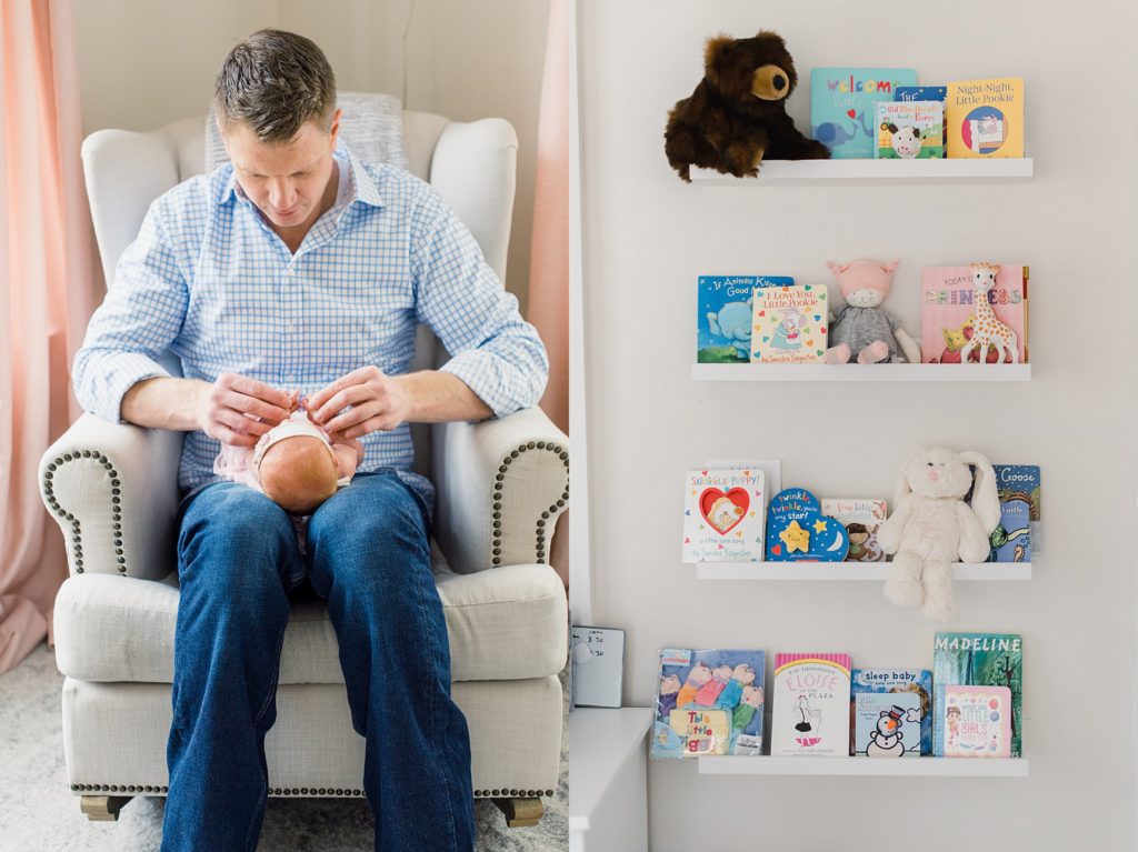 newborn baby girl with dad in nursery and books