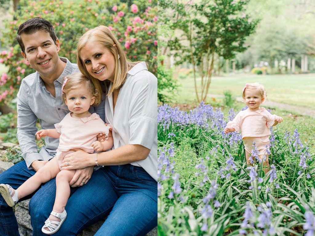 family with one year old girl in garden