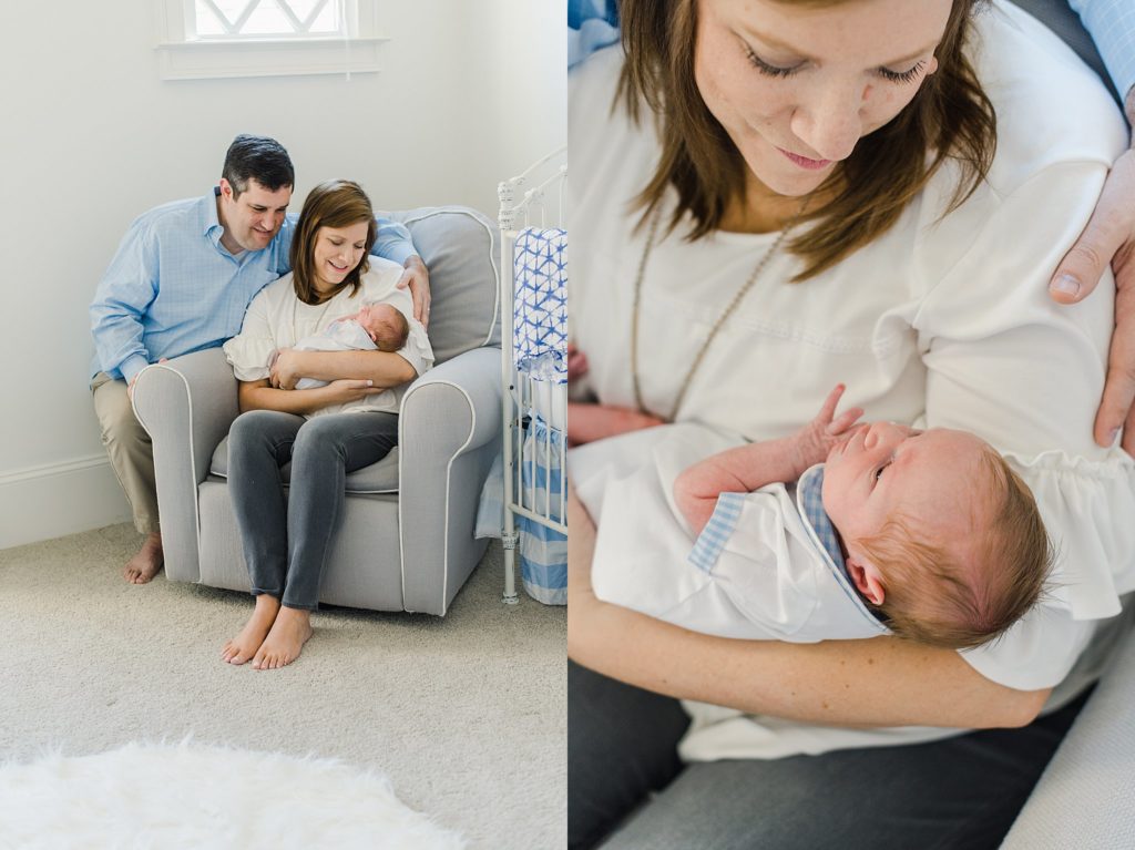newborn baby boy and parents in chair