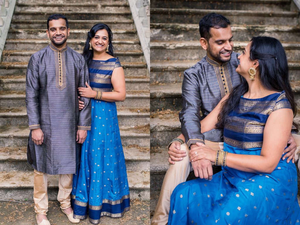 Engaged couple in traditional Indian clothes on stairs