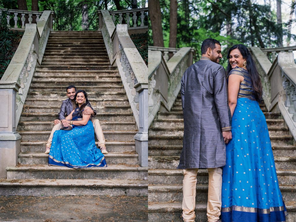 Engaged couple in traditional Indian clothes on stairs