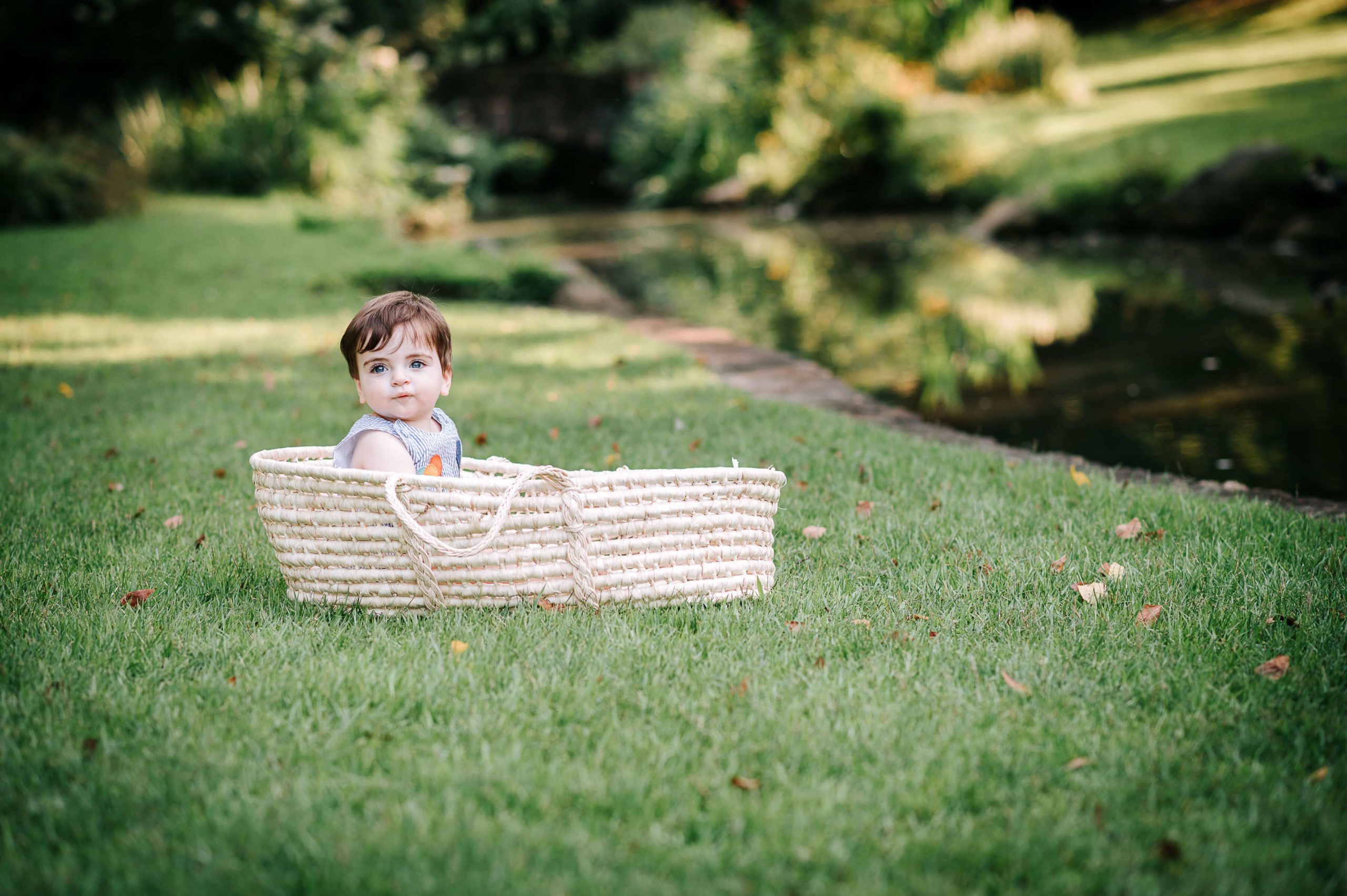 boy in moses basket in garden with pond